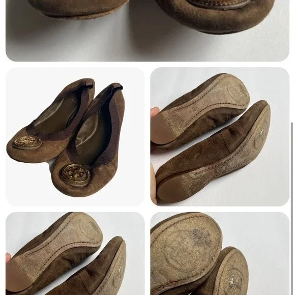 Tory‎ Burch Brown Gold top Logo Elastic Ballet Suede Leather Flat Shoes Sz 6M - Picture 2 of 3